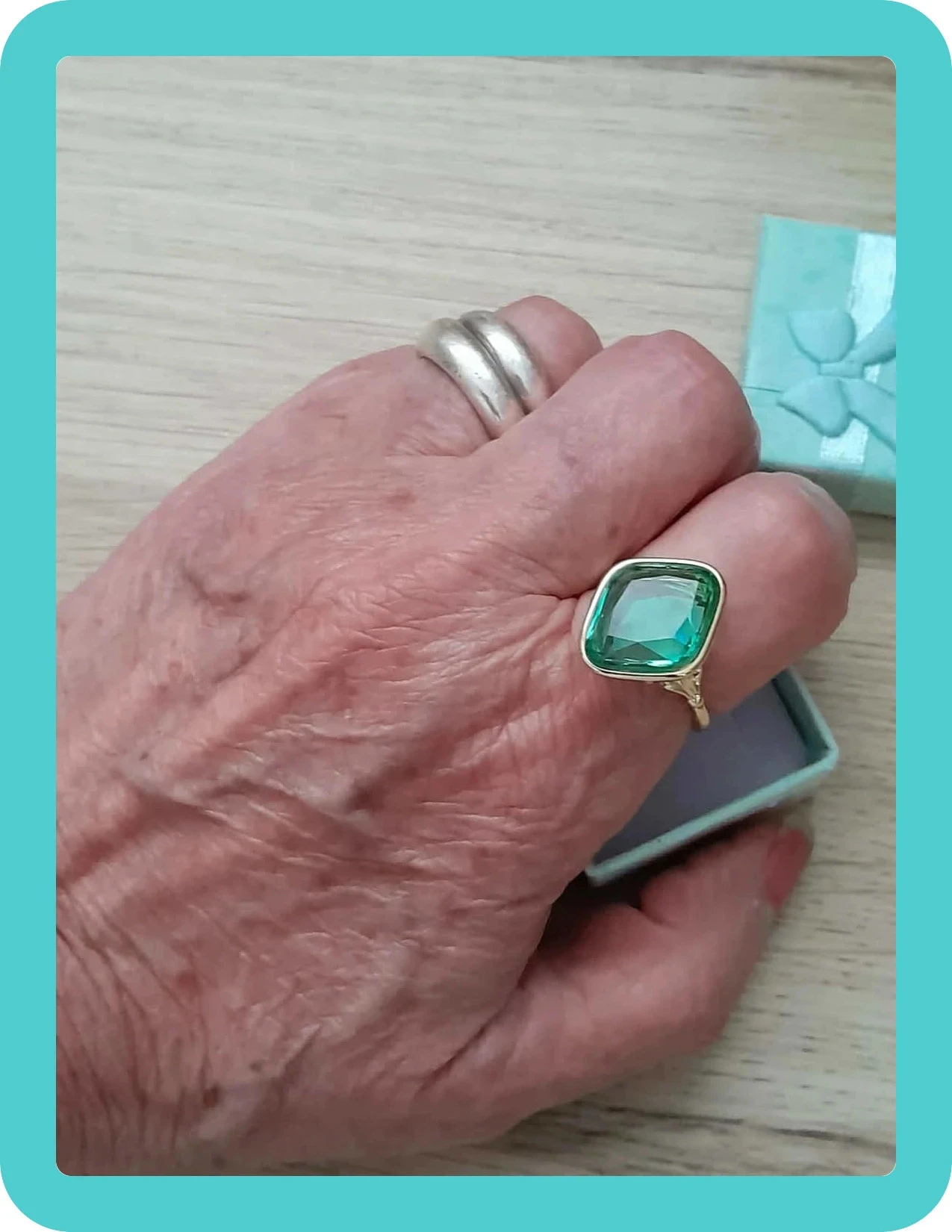 Bohème stijl ring met lichtblauwe steen (imitatie smaragd), maat 60 – photo 5